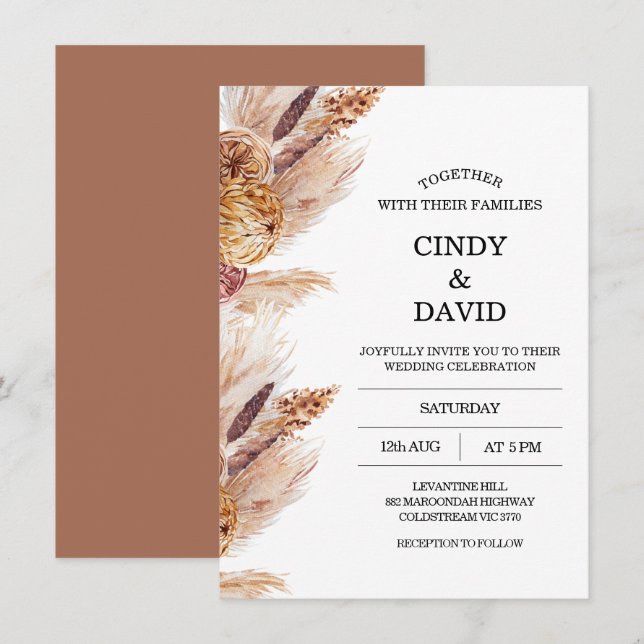 Blommigt Boho Pampas Grass Wedding bjudande Inbjudningar (Fram/baksida)