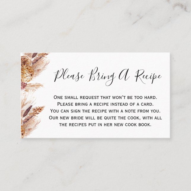 Blommigt Boho Pampas Hämta Möhippa-kort för recept Visitkort (Framsida)