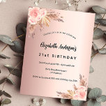 Blommigt boho, pampasgräs från ro vid födelsedagen inbjudan vykort<br><div class="desc">För en modern boho stil 21:a (eller någon annan ålder) födelsedagsfest. En bakgrund i ro guld. Dekoreras med ro guld och rosa blommigt,  rosor och pampasgräs. Anpassa och lägg till information om namn och party.</div>