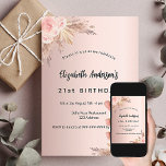 Blommigt boho, pampasgräs från ro vid födelsedagen inbjudningar<br><div class="desc">För en modern boho stil 21:a (eller någon annan ålder) födelsedagsfest. En bakgrund i ro guld. Dekoreras med ro guld och rosa blommigt,  rosor och pampasgräs. Anpassa och lägg till information om namn och party.</div>