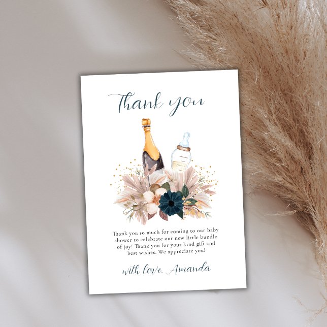 Blommigt Boho Poppin Champagne Flaskor Baby Shower Tack Kort (Floral Boho Poppin Champagne Bottles Baby Shower Thank You Card)