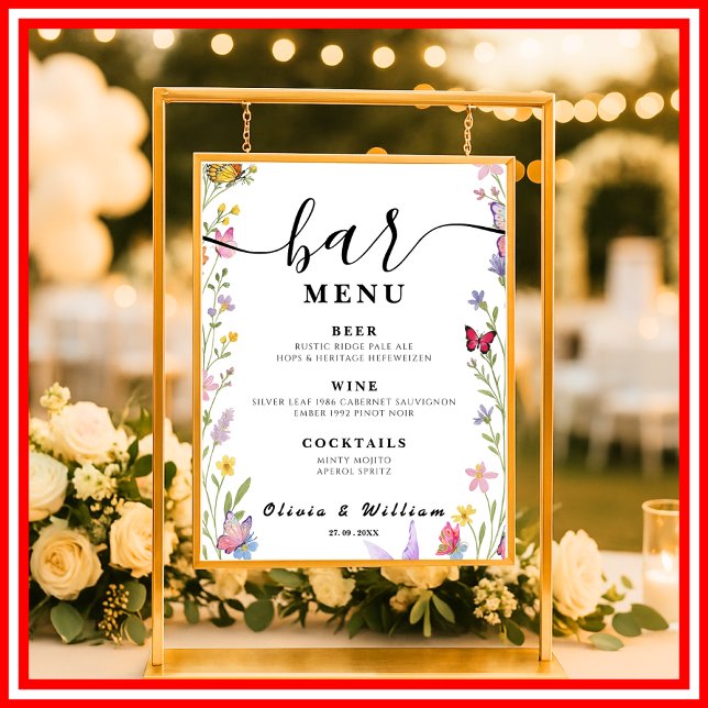 Blommigt Boho Pub Menu Bröllop Namnteckning Drink Poster (Skapare uppladdad)