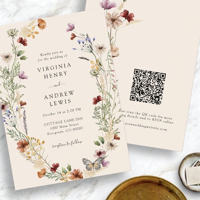 Blommigt Boho QR-kod Bröllop Inbjudningar (Floral Boho QR Code Wedding Invitation
)