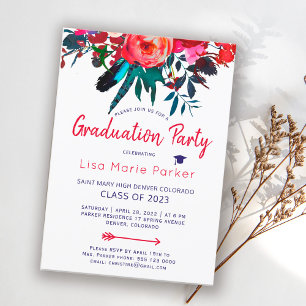 Blommigt boho red navy blue bouquet studentfest inbjudningar