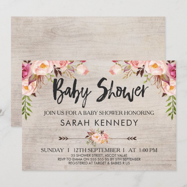 Blommigt Boho Rustic Baby Shower-inbjudan Inbjudningar (Fram/baksida)