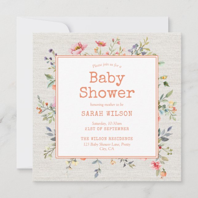 Blommigt Boho Rustic Botanical Square Baby Shower Inbjudningar (Framsida)