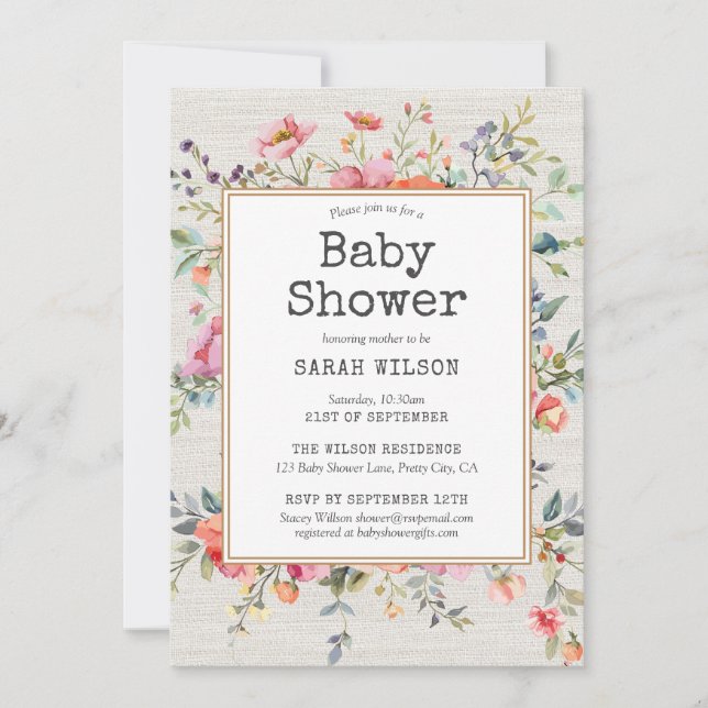 Blommigt Boho Rustic Chic Botanical Baby Shower Inbjudningar (Framsida)