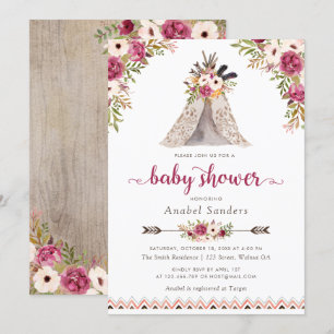 Blommigt Boho Teepee Chic Arrows Tribal Baby Showe Inbjudningar