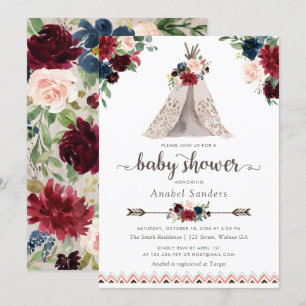 Blommigt Boho Teepee Navy Arrows Tribal Baby Showe Inbjudningar