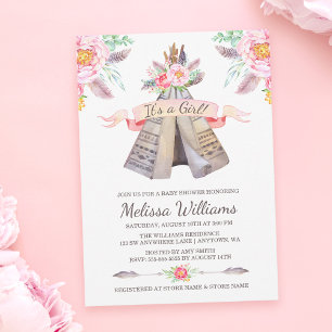 Blommigt Boho Tribal Teepee Girl Baby Shower Inbjudningar