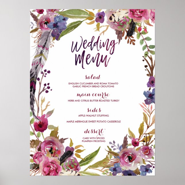 Blommigt Boho Watercolor Bröllop Menu-tecken Poster (Framsidan)