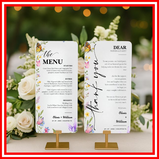 Blommigt Boho Wildblomme Bröllop Menu - tackkort Meny (Skapare uppladdad)