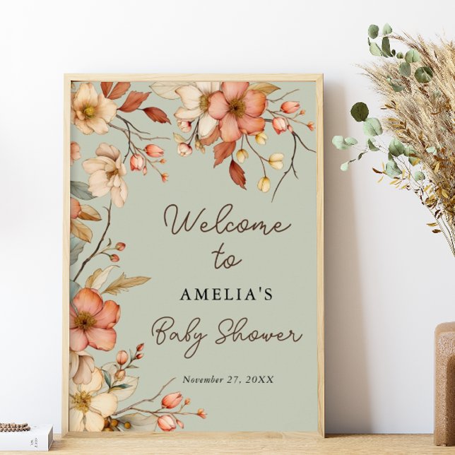 Blommigt Boho Wildblomme Sage Grönt Baby Shower Poster (Skapare uppladdad)