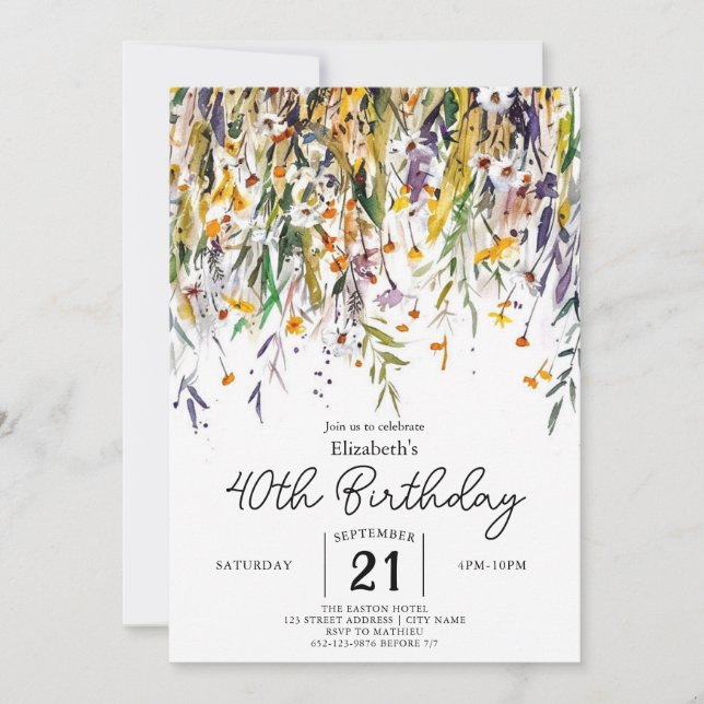 Blommigt Boho Wildbloms 40-årsdag Inbjudningar (Framsida)