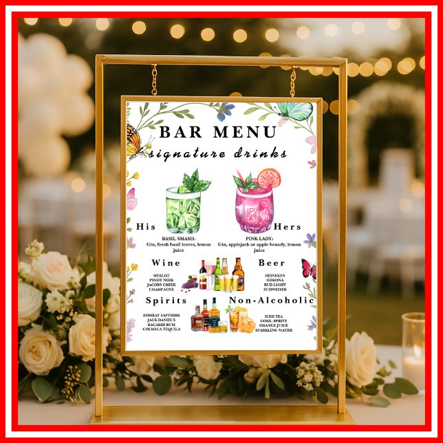 Blommigt Boho Wildbloms Pub Menu Bröllop Drink-tec Poster (Skapare uppladdad)