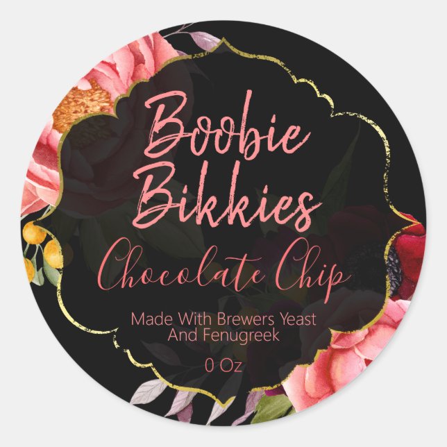 Blommigt Boobie Bikkies-laktationsetiketter Runt Klistermärke (Framsida)