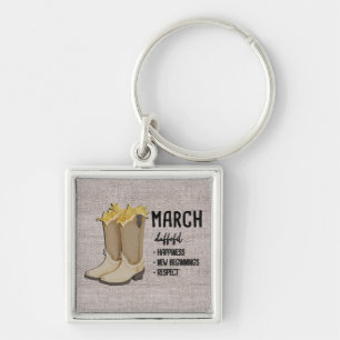 Blommigt Boots Birth Month Flower/ March Daffodil Fyrkantig Silverfärgad Nyckelring