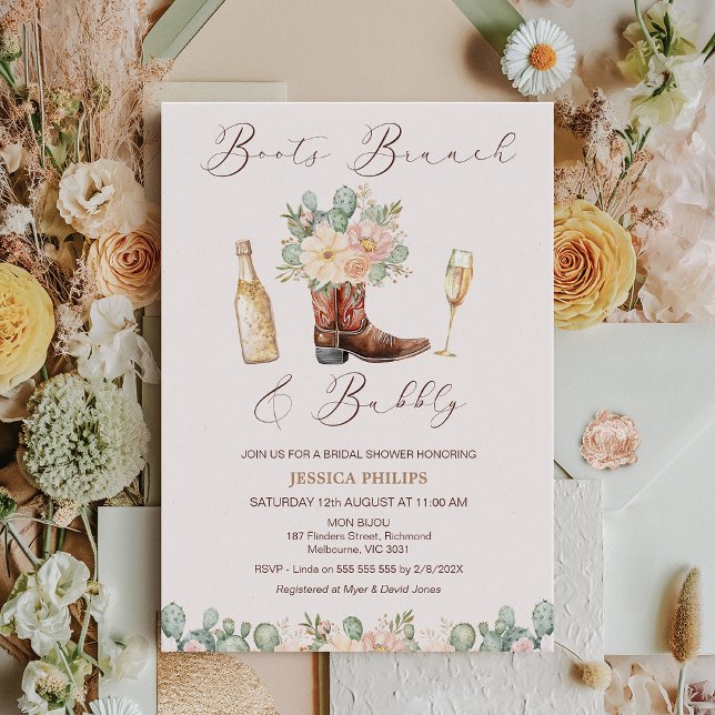 Blommigt  Boots Brunch Bubly Möhippa Inbjudningar (Boots Brunch and Bubbly Bridal Shower invitation Template, Champagne Bottle Brunch Bridal Shower )