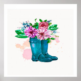 Blommigt Boots Watercolor - Vår Art Print Poster