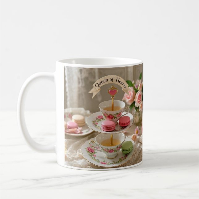 Blommigt bord, tekopp, skiktade brickor macarons Q Kaffemugg (Vänster)