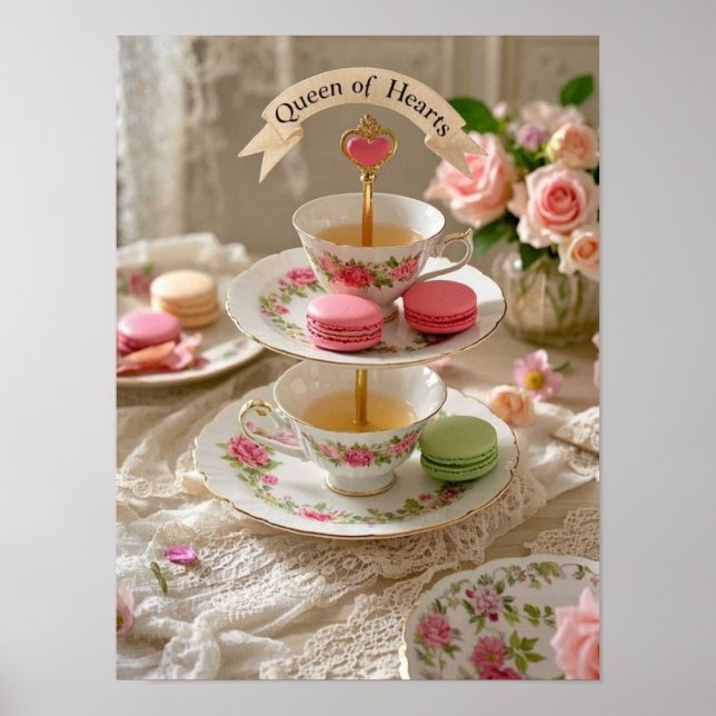 Blommigt bord, tekopp, skiktade brickor macarons Q Poster (Framsidan)