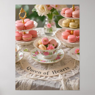Blommigt bord, tekopp, skiktade brickor macarons Q Poster