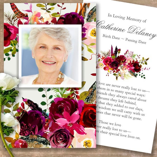 Blommigt Bordo Photo Prayer Sympathy Cards Visitkort (Forever in our hearts, celebration of life, in loving memory of, prayer cards for bereavement)