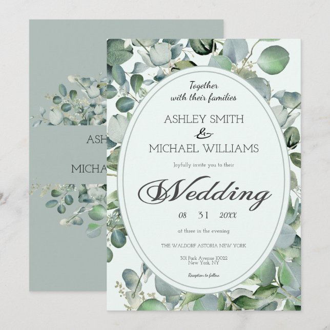 Blommigt Botanical Eucalyptus Greenery Bröllop Inbjudningar (Fram/baksida)