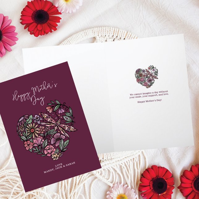 Blommigt Botanicals & Dragonfly Heart Mors dag Kort (Floral Botanicals & Dragonfly Heart Mother's Day Card)