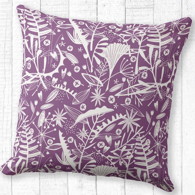 Blommigt Botanisk Lila Kudde (Botanical silhouette pattern purple throw pillow)