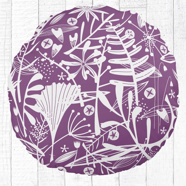 Blommigt Botanisk Lila Rund Kudde (Purple and white botanical silhouette round pillow)