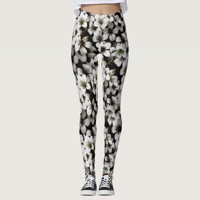 Blommigt Botaniska fotovita blommor Leggings (Framsida)
