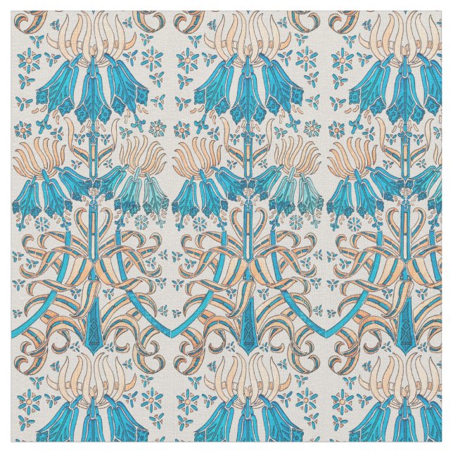 Blommigt Botaniska Fransken Art nouveau Blue Beige Tyg (Närbild)