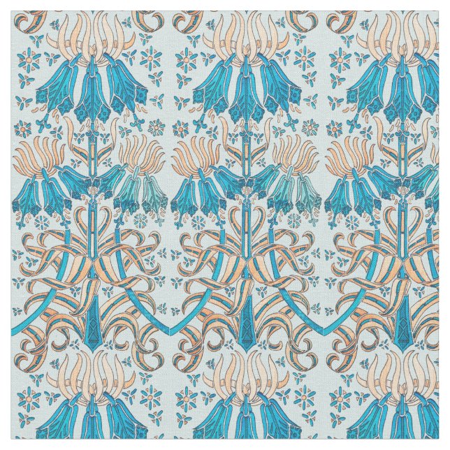 Blommigt Botaniska Fransken Art nouveau Blue Mönst Tyg (Närbild)