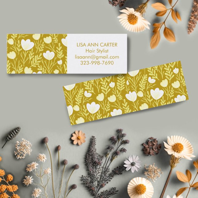 Blommigt Botaniska Mönster Golden Neutralt Mini Visitkort (Mustard yellow floral mini business cards, customize with your own details.)