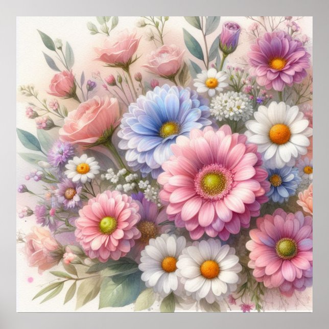 Blommigt botaniska sommarblommor, vattenfärg poster (Framsidan)
