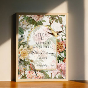 Blommigt Botaniska vattenfärgsfåglar Välkomsthälsn Poster