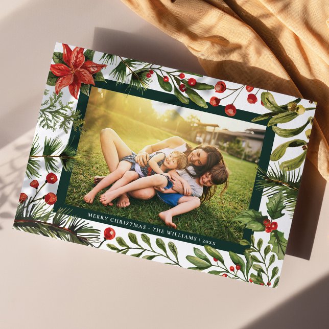 Blommigt Botaniskt familjefolljus Julkort (Poinsettia Family Photo Greetings Card)