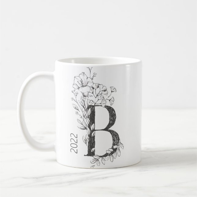 Blommigt botaniskt monogram | Anpassningsbar Text  Kaffemugg (Vänster)