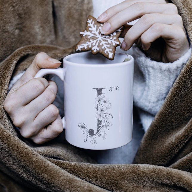 Blommigt botaniskt monogram | Elegant för Anpassni Kaffemugg (Skapare uppladdad)