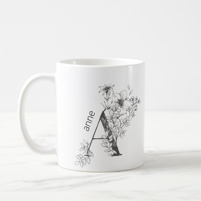 Blommigt botaniskt monogram | Elegant för Anpassni Kaffemugg (Vänster)