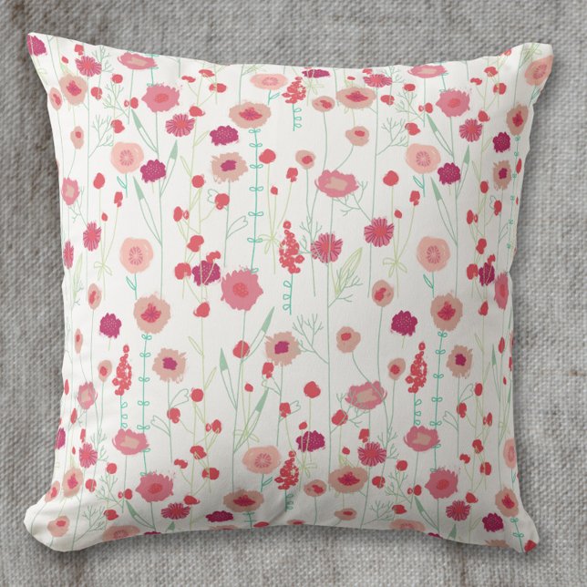 Blommigt Botaniskt Mönster Rosa Kudde (Pink red and white loose floral painting art throw pillow)