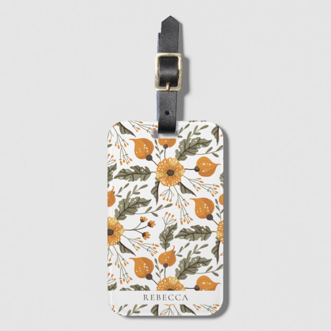 Blommigt Botaniskt Mönster White Golden Custom Nam Bagagebricka (Framsida vertikal)