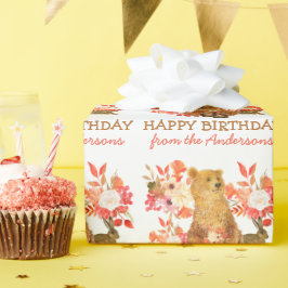 Blommigt Bouquet Bear Rabbit Birthday Wrapping Pap Presentpapper