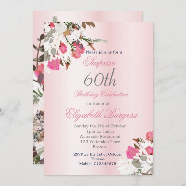 Blommigt Bouquet-Elegantens Rosa 60:e födelsedag Inbjudningar (Fram/baksida)
