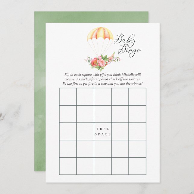 Blommigt Bouquet Fallskärm Baby Shower Bingo Inbjudningar (Fram/baksida)