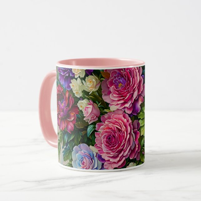 Blommigt Bouquet Flowers Rosa Art Mugg Kopp (Framsida vänster)