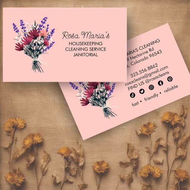 Blommigt Bouquet House Städning Service Social Ico Visitkort (Floral Bouquet House Cleaning Service Social Icons Business Card
)