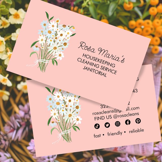 Blommigt Bouquet House Städning Service Social Ico Visitkort (Floral Bouquet House Cleaning Service Social Icons Business Card
)