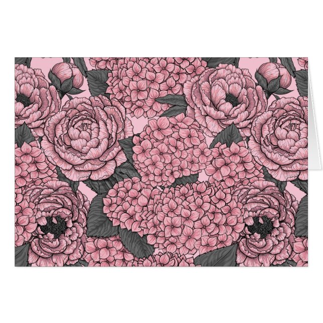 Blommigt bouquet i rosa hälsningskort (Framsidan Horizontal)